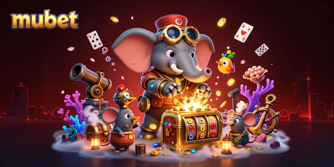 Mubet showcases a 3D cartoon steampunk elephant operating a golden slot machine with vibrant casino elements.