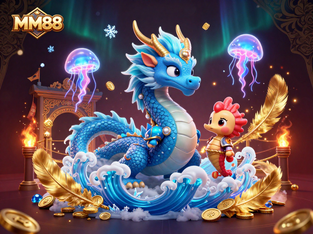 Engage with MM88, featuring a vibrant 3D dragon and knight in a dynamic casino scene.