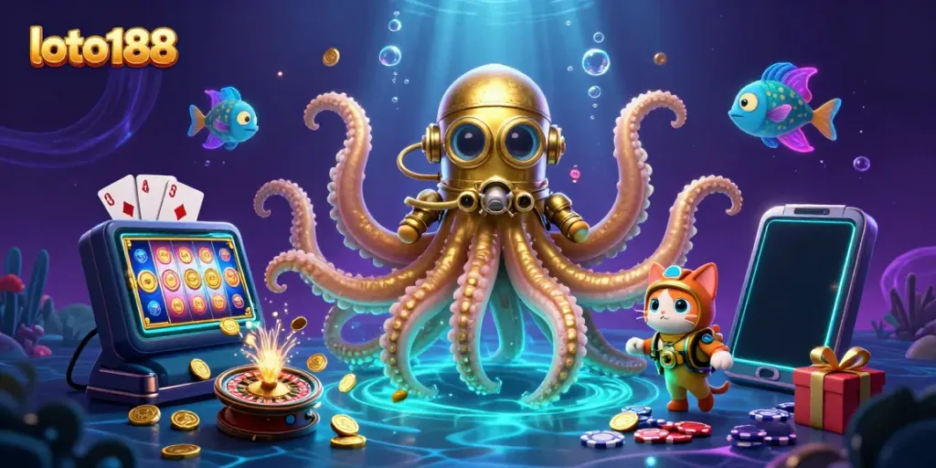 Experience exciting gaming adventures with loto188 as a majestic kraken and diving cat dive into treasure-filled depths.