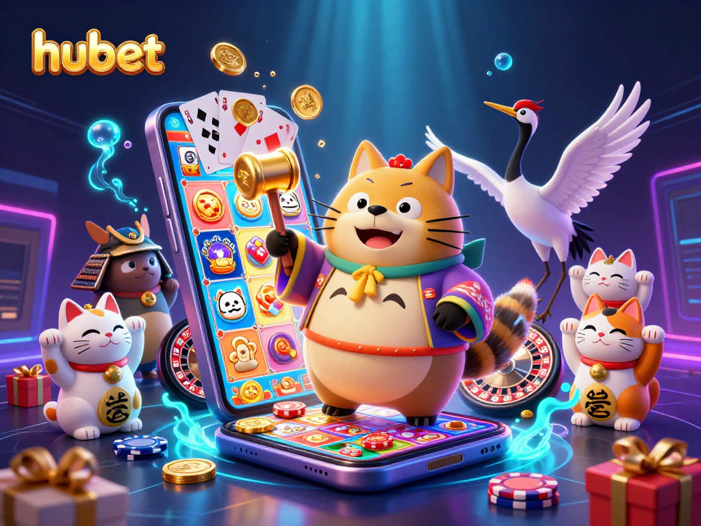 Experience thrilling hubet gaming with joyful tanuki in a vibrant casino scene filled with luck.