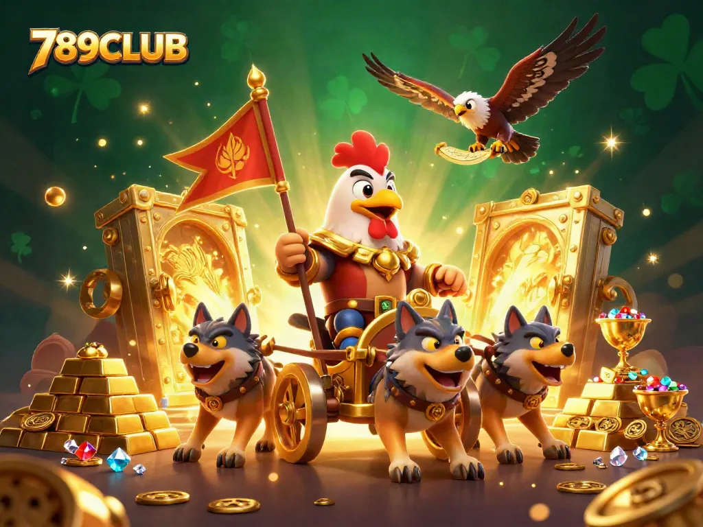 Join the excitement at 789CLUB with a dynamic illustration showcasing a rooster warlord and treasure elements.