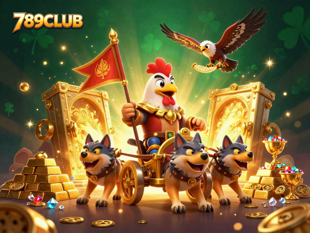 Join the excitement at 789CLUB with a dynamic illustration showcasing a rooster warlord and treasure elements.