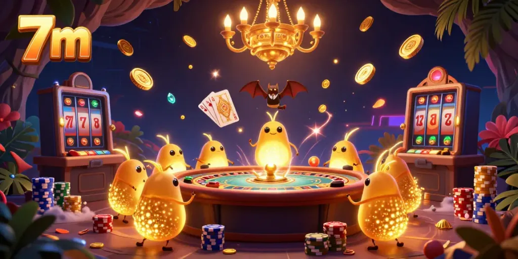 Experience the electrifying atmosphere of 7m's casino with glowing characters and dazzling gaming elements.