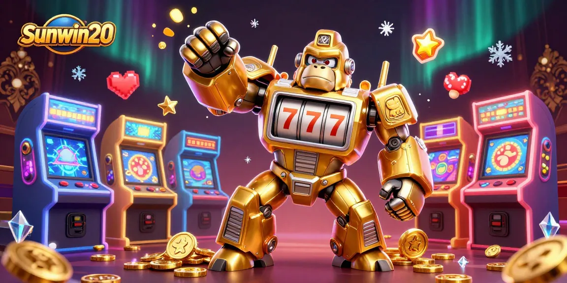 Experience the thrill of sunwin20 with a golden gorilla mech and arcade action in this vibrant illustration.