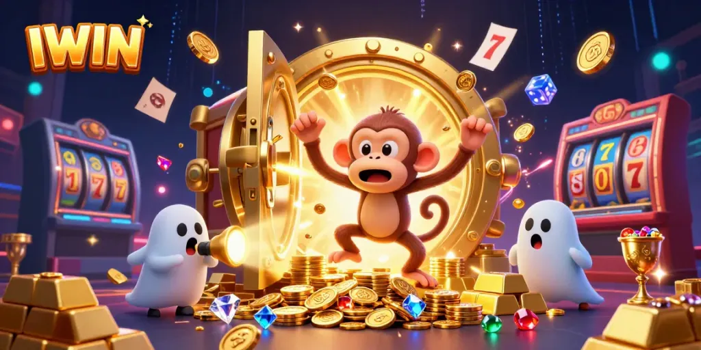 IWIN casino scene featuring an animated monkey juggling golden objects with a curious puppy in a vibrant casino.