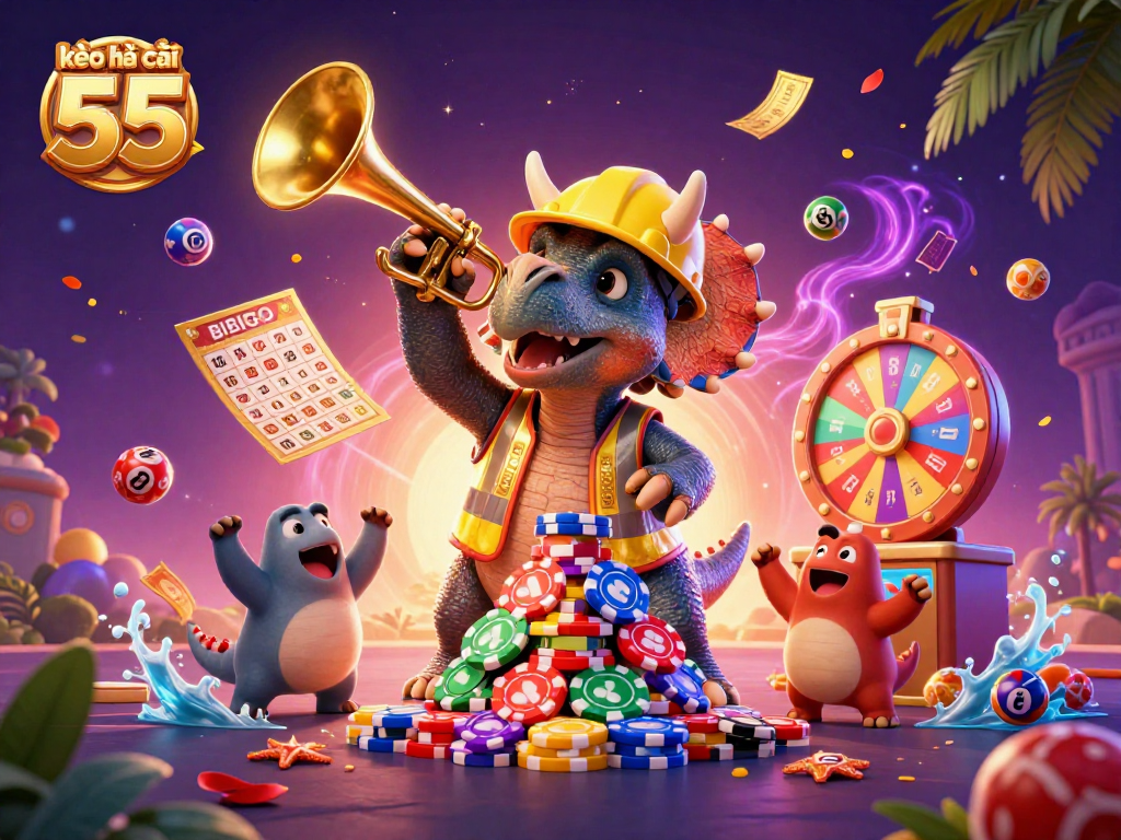 Engage in kèo nhà cái 55 excitement with dinosaur characters celebrating in a vibrant casino scene.