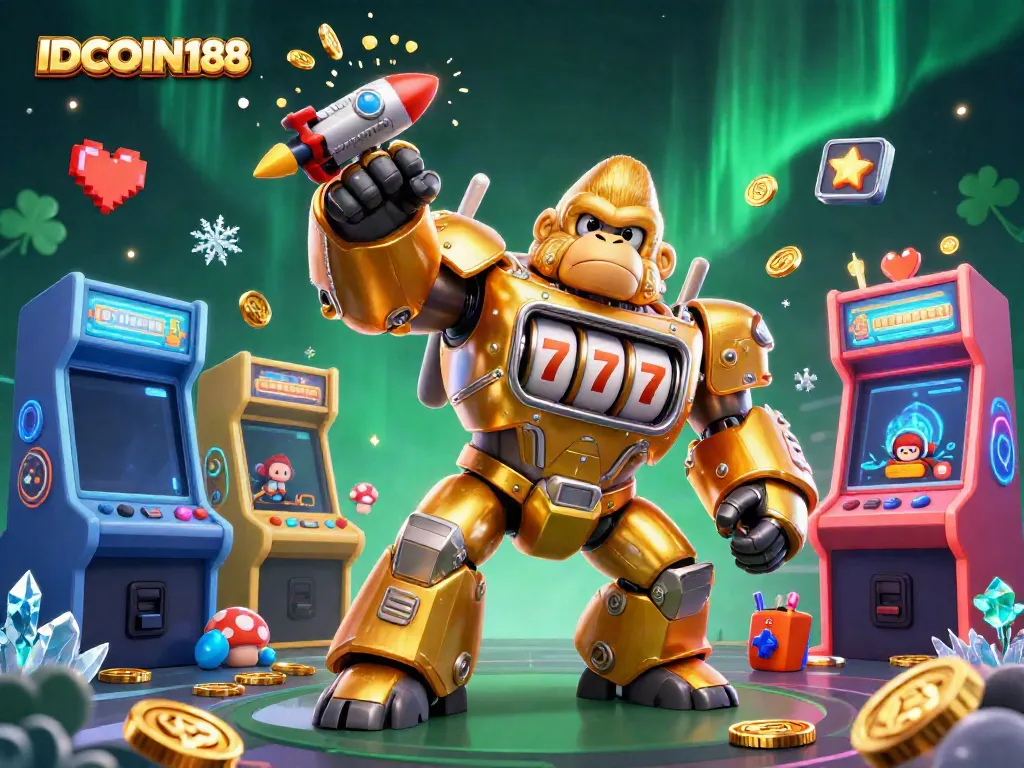 Win big with IDCOIN188, featuring a golden gorilla mech celebrating a jackpot in a vibrant casino world.