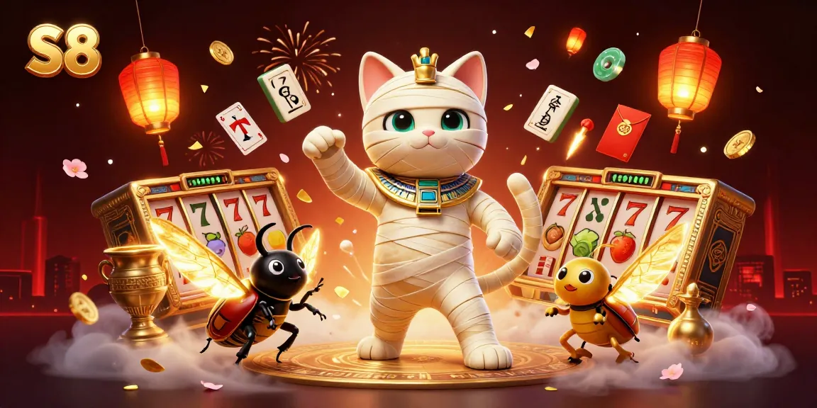 Join the S8 gaming experience with an Egyptian mummy cat in a vibrant casino scene, featuring exciting slot elements.