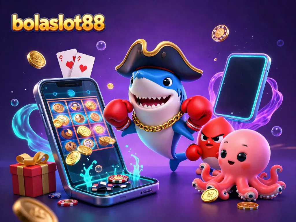 Experience exciting gameplay with bolaslot88 as a pirate shark and friends gather around vibrant slot games and gold coins.