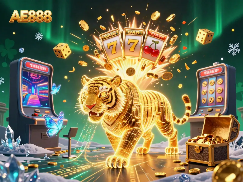 Experience the thrill of AE888 with a vibrant 3D casino scene featuring a glowing tiger and jackpot excitement.