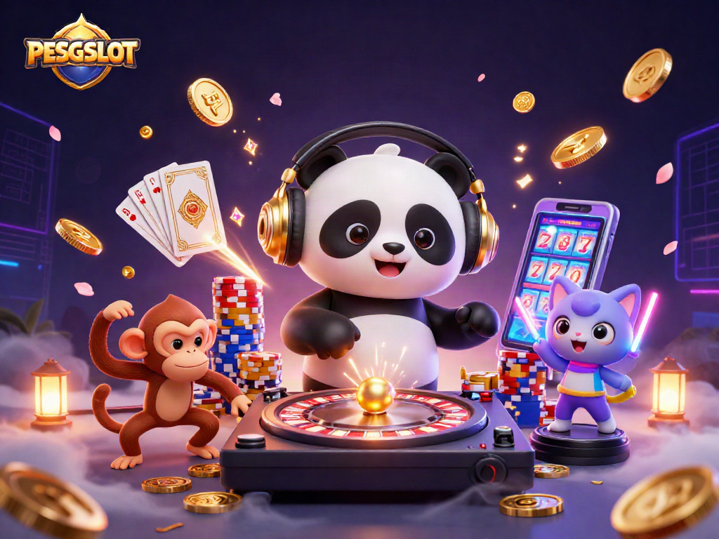 Experience PESGSLOT thrills with 3D DJ panda and dynamic casino action in a vibrant illustration.