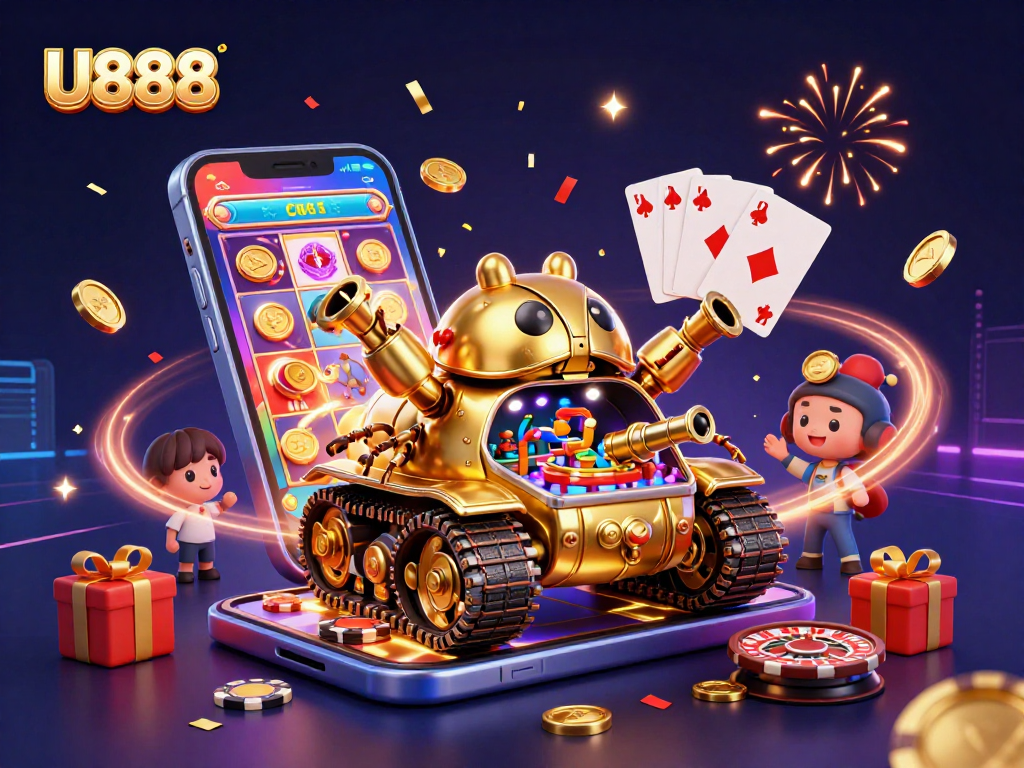 Experience the excitement of U888 with a vibrant casino scene featuring a golden beetle tank and dynamic game elements.