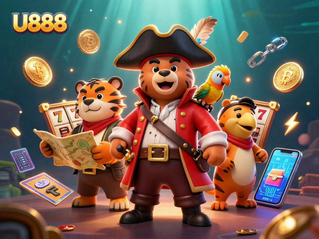Engage with U888's thrilling casino adventures featuring a pirate captain and friends in an exciting slot game scene.