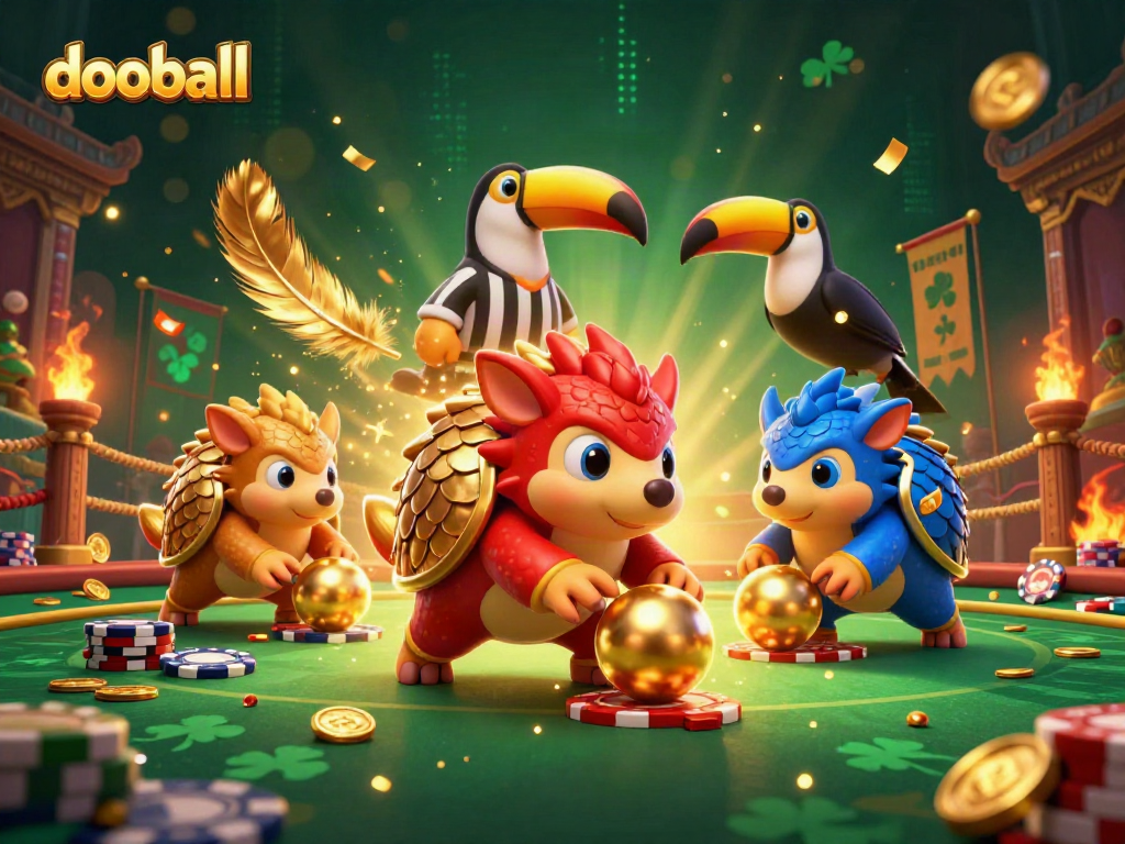 Rival pangolins in colorful armor rolling golden balls through poker chips in a vibrant dooball scene.