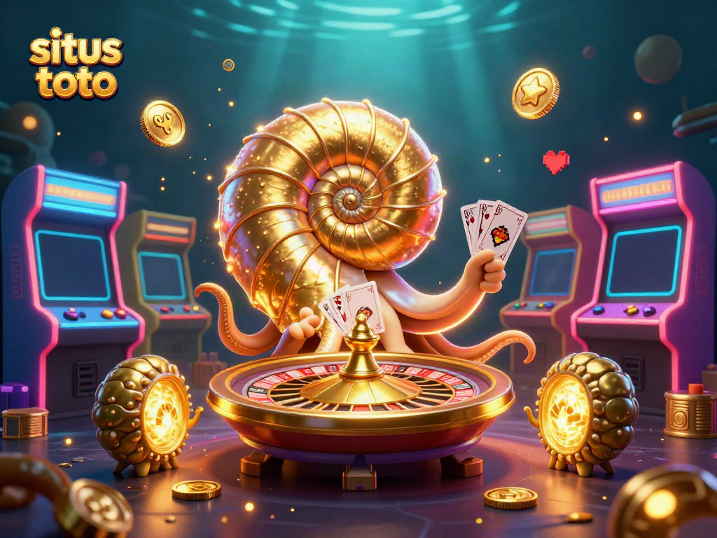 Engage with situs toto through a vibrant casino-themed underwater scene featuring a giant nautilus roulette and glowing ammonite companions.