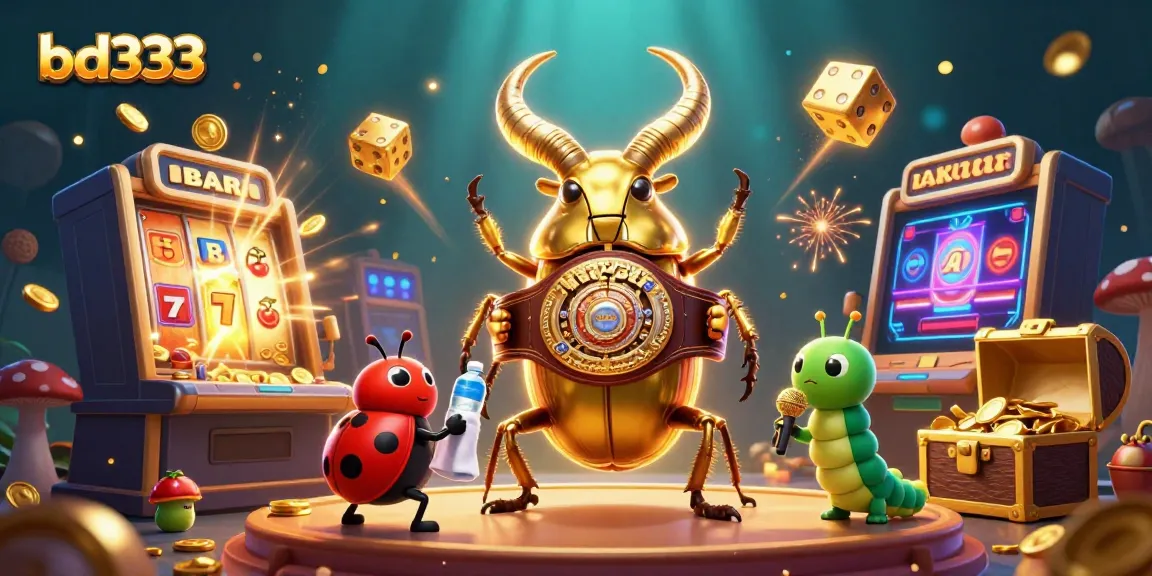 A dynamic scene illustrating bd333's excitement with a golden stag beetle champion, ladybug corner-man, and jackpot slot machine.