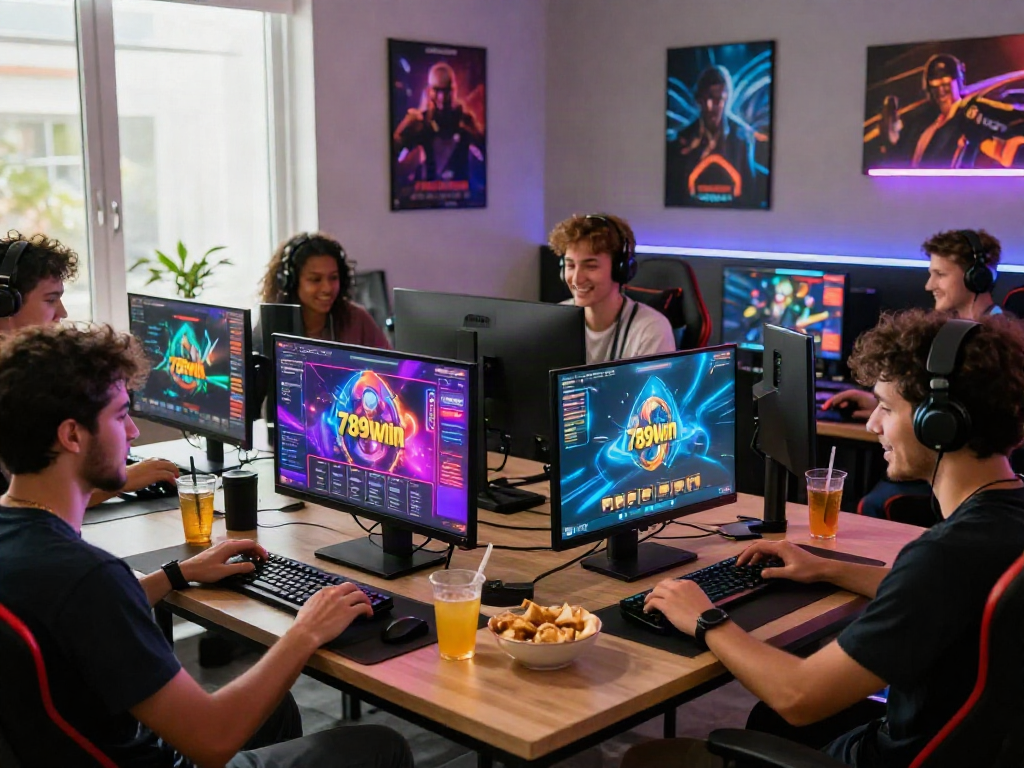 Friends enjoying the excitement of 789win in a lively gaming setup with snacks and vibrant screens.