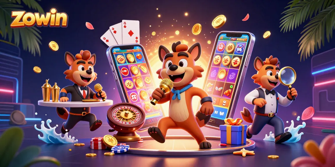 Zowin's vibrant comedy casino scene with hyenas mixing drinks and telling jokes for an engaging experience.