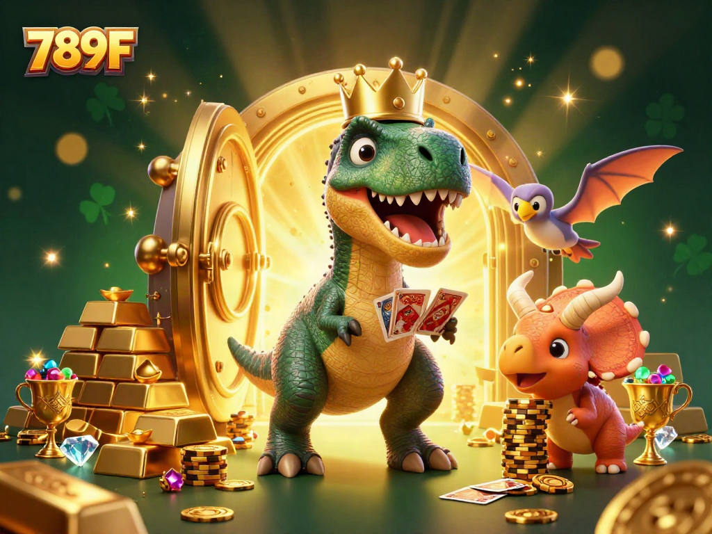 Engage with 789F casino adventures featuring a friendly T-Rex and vibrant gaming elements.
