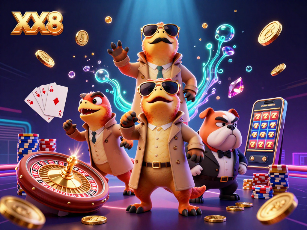 Engage with XX8 slots and games while raptors sneak into a VIP casino lounge in this vibrant digital art.