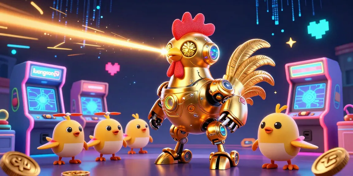 Experience thrilling gaming action on luongson tv with a golden rooster robot and baby chick drones amid colorful arcade elements.