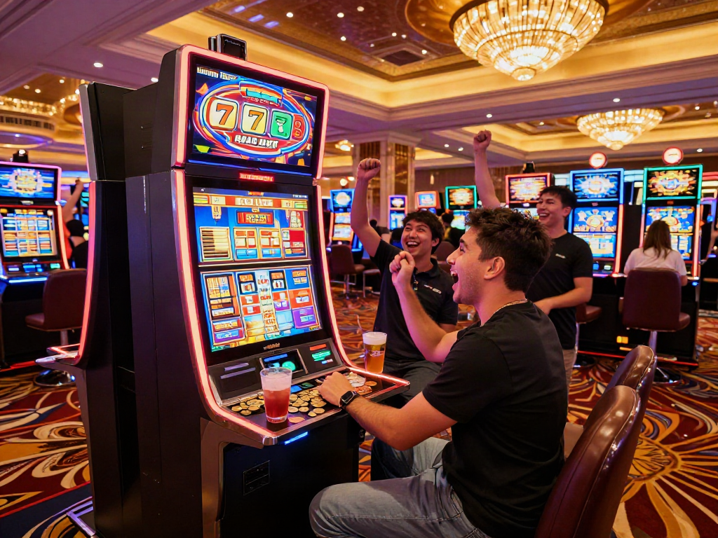 Excited player winning at Lucky777 slot machine in a vibrant casino atmosphere.