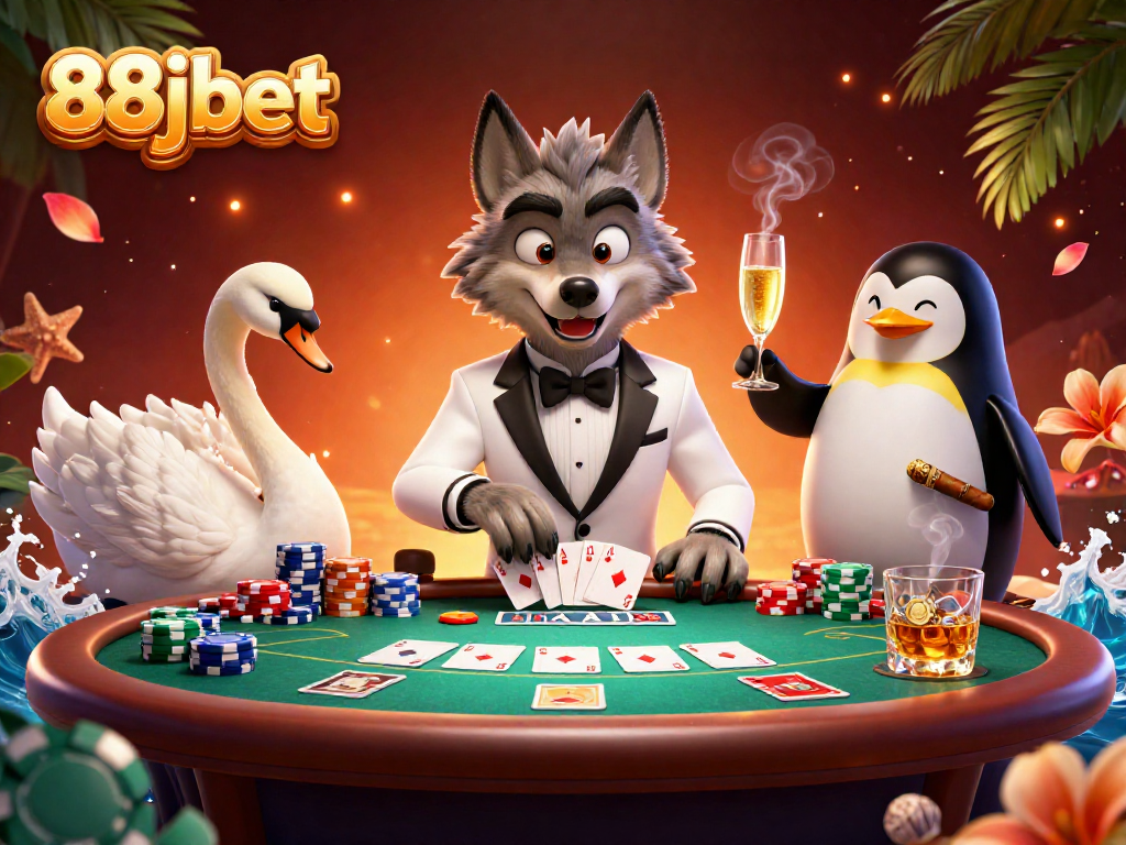 Engage with 88jbet's vibrant casino scene featuring a debonair wolf, elegant swan, and sophisticated penguin.