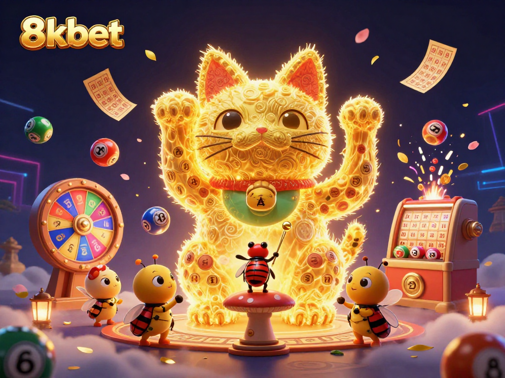 Join the excitement of 8kbet as a lucky cat surrounded by colorful symbols celebrates winning moments in gaming.