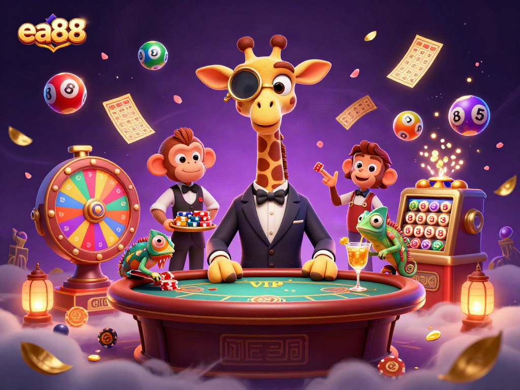 ea88 showcases a lively casino scene with a high-roller giraffe and gaming elements for maximum fun.