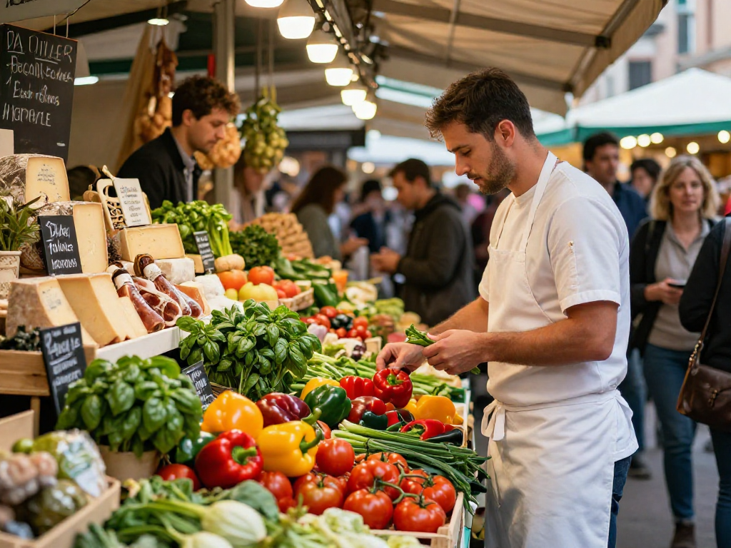 Chef at food market inspecting fresh ingredients, highlighting slot gacor culinary culture and vibrant atmosphere.