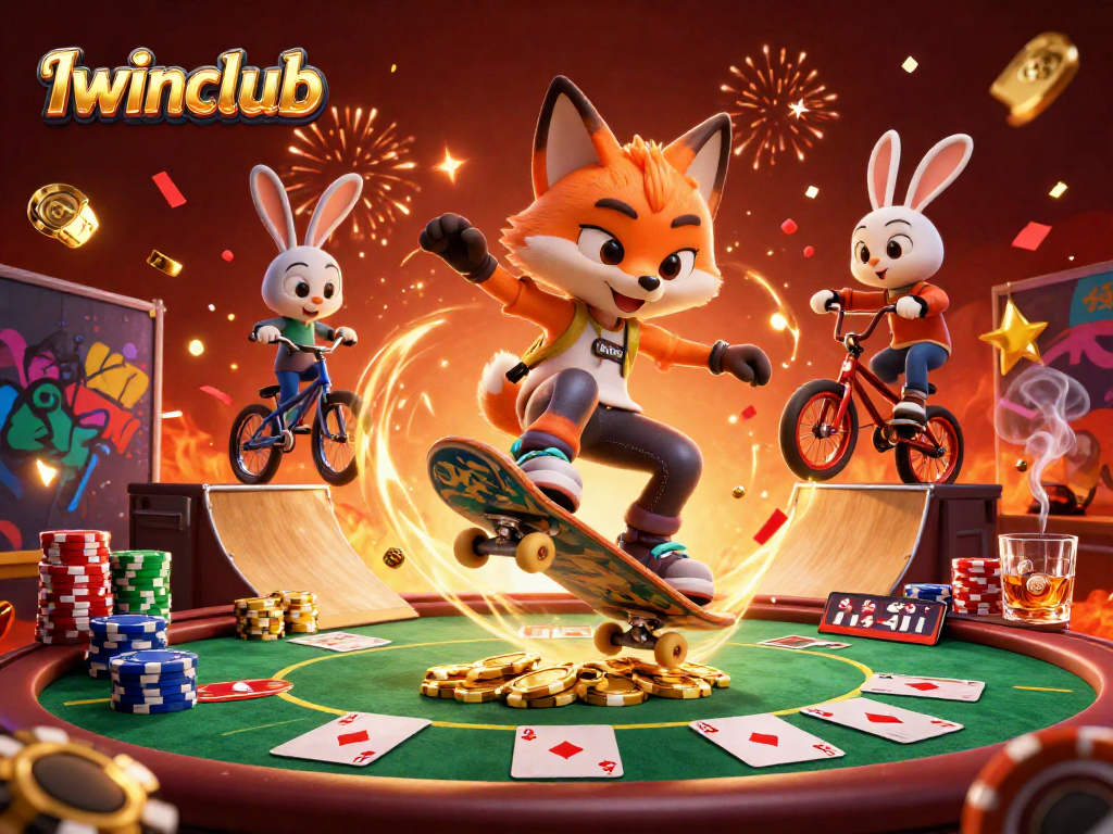 Iwinclub showcases thrilling cartoon characters in an energetic casino scene filled with poker elements