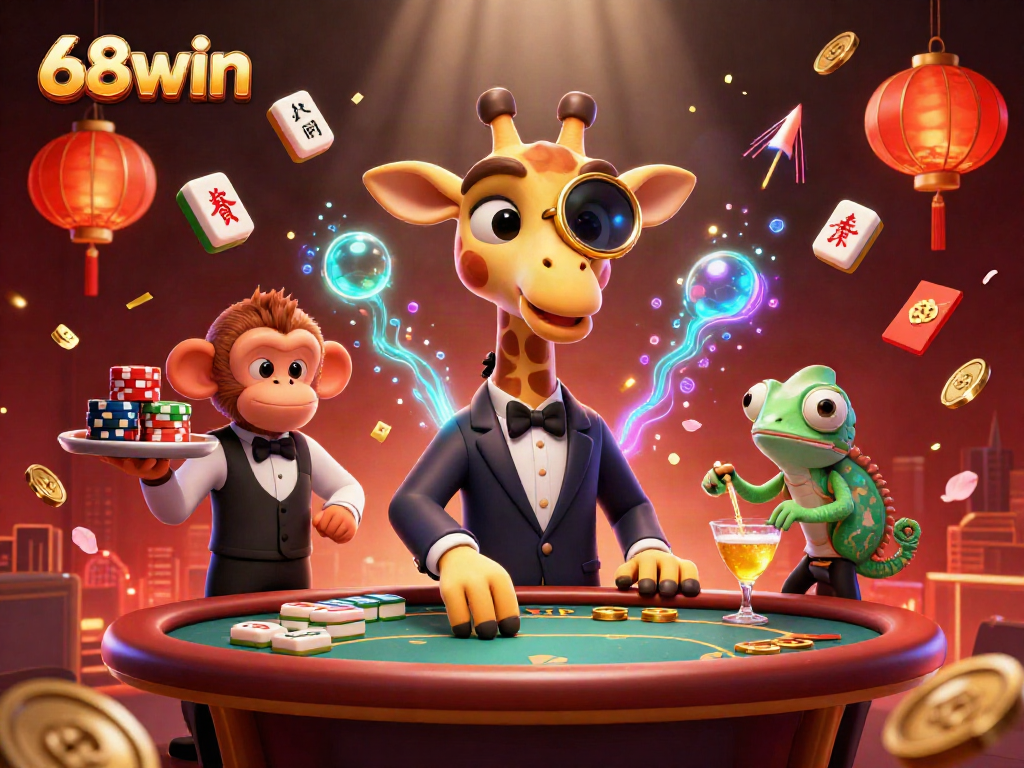 Engage in thrilling gameplay at 68win with a giraffe and monkey at an exciting VIP poker table.