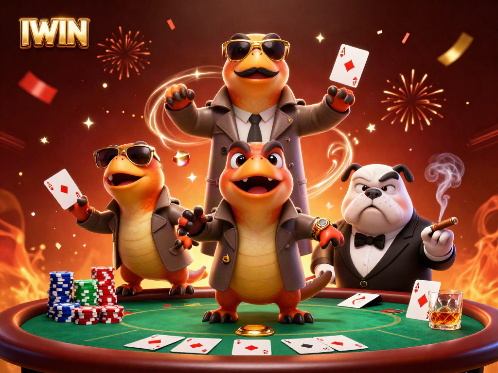 IWIN showcases three raptors in a trench coat attempting VIP entry to a lively casino scene.