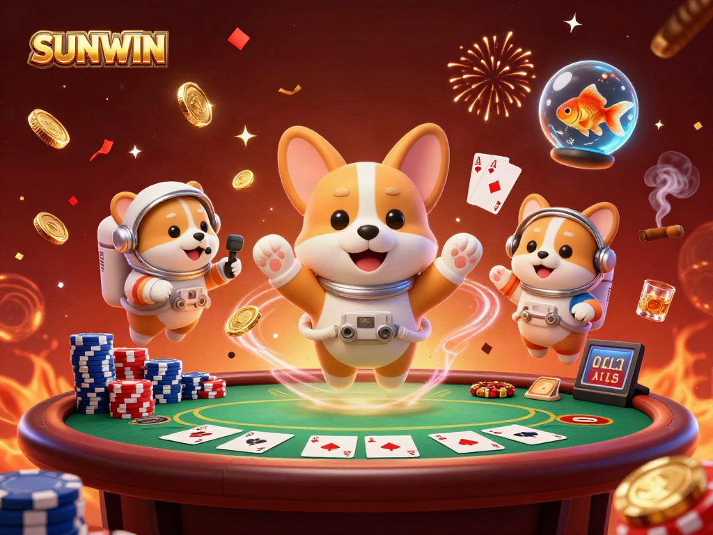 Experience SUNWIN's thrilling space casino with a corgi, hamster, and goldfish amidst floating poker chips.