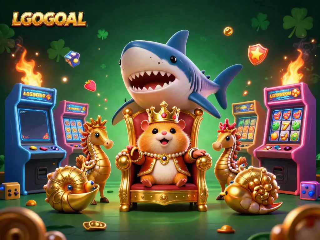 Experience LGOGOAL's vibrant casino scene featuring a golden hamster king and arcade gaming elements.