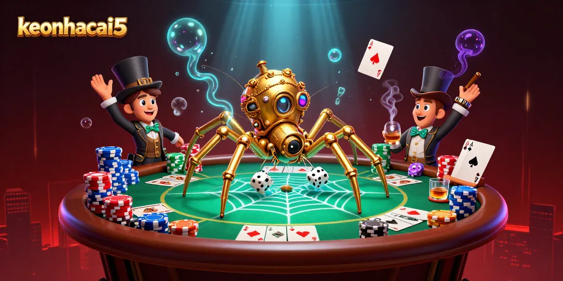 Engage with keonhacai5 through intricate visual of a steampunk spider and poker elements.