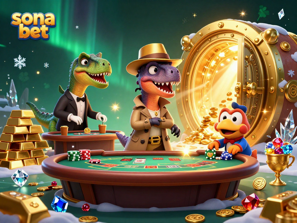 Experience thrilling action at sona bet with a velociraptor card counter and a sneaky compy, surrounded by gold and jewels.