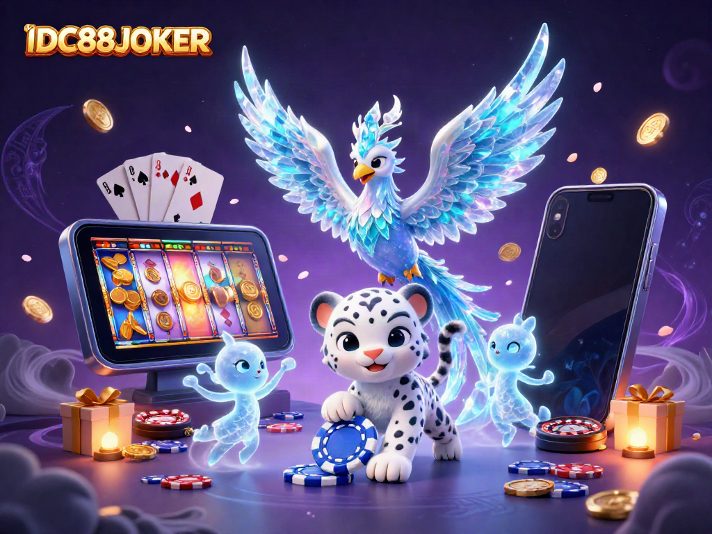 Experience thrilling gaming with IDC88JOKER, featuring a vibrant scene of characters and casino elements.