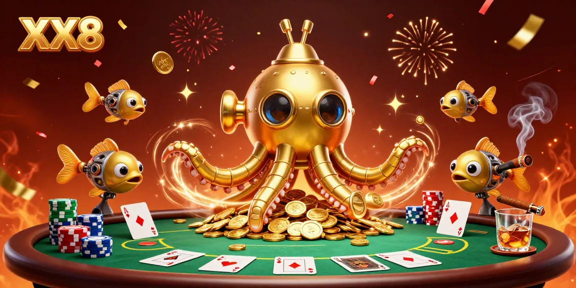 Experience the excitement of XX8 with a vibrant casino scene featuring a golden kraken and poker elements.
