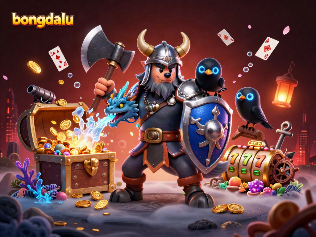 Bongdalu's exciting 3D cartoon Viking wolf warrior scene with dynamic slot reels, enhancing online gaming excitement.