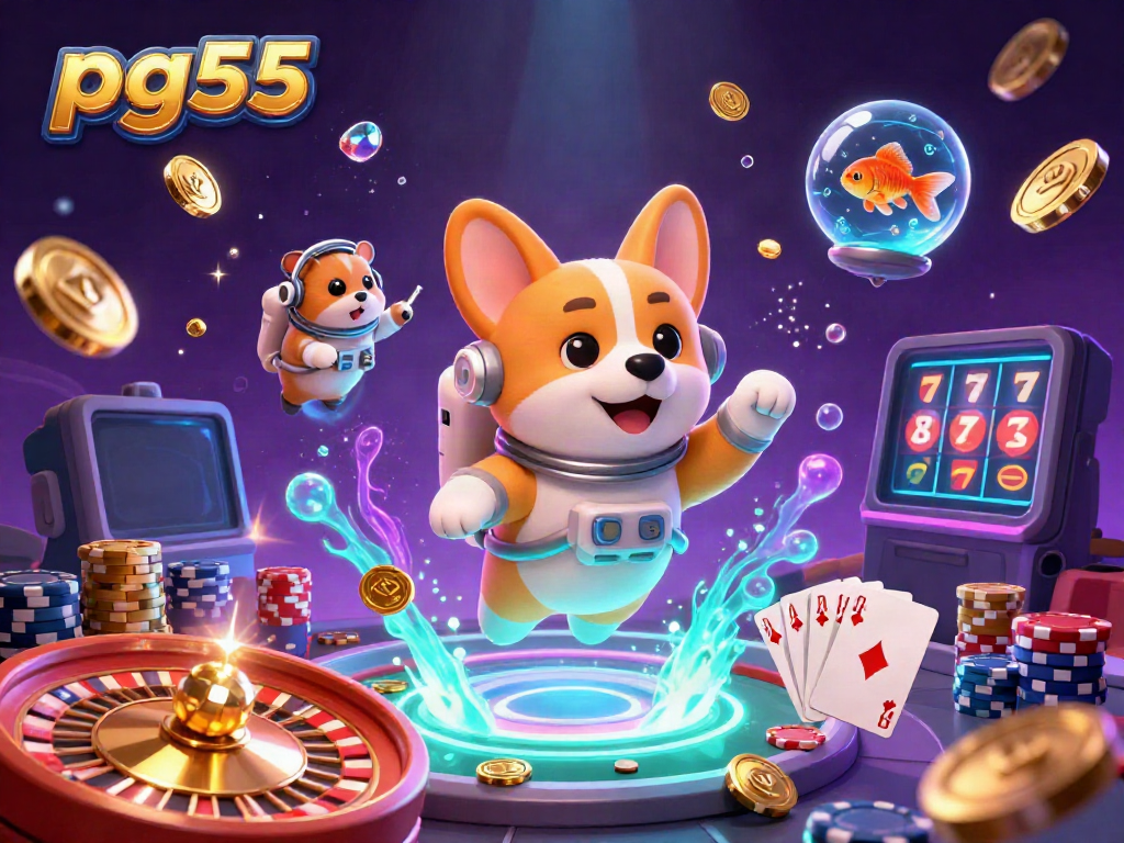 Experience the casino excitement of pg55 with a cartoon astronaut corgi and a space-themed vibe.