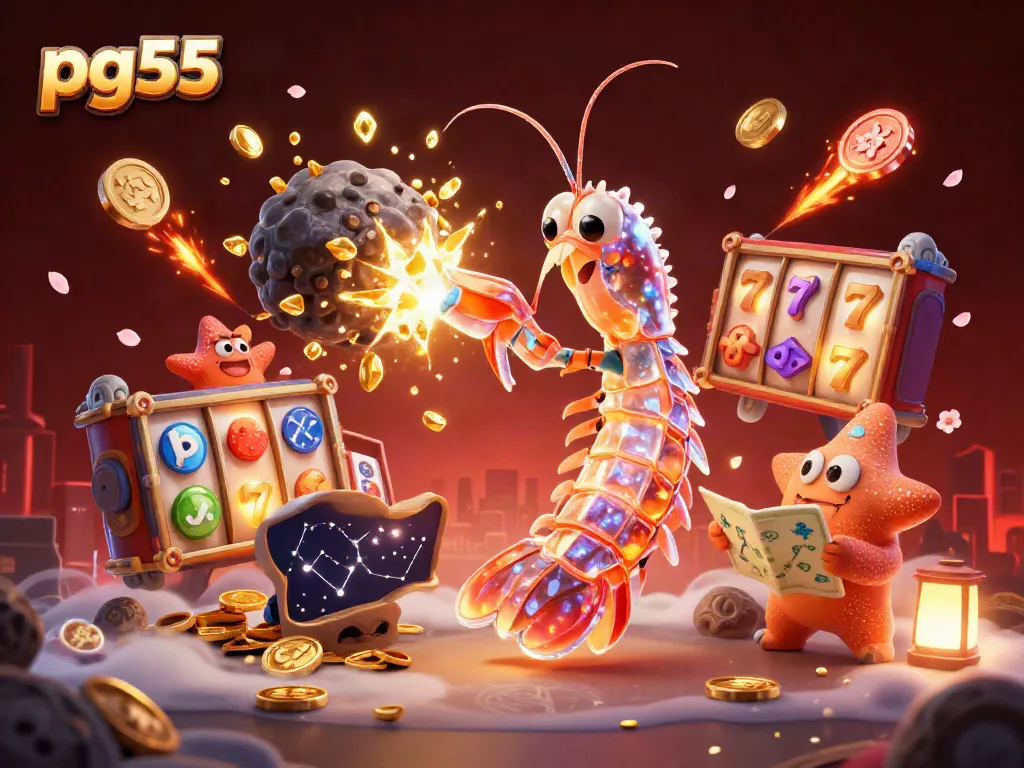 Experience the action at pg55 with a dynamic galactic samurai mantis shrimp surrounded by vibrant slot elements and treasures.