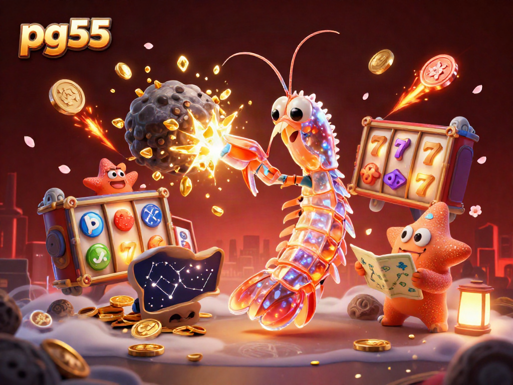 Experience the action at pg55 with a dynamic galactic samurai mantis shrimp surrounded by vibrant slot elements and treasures.