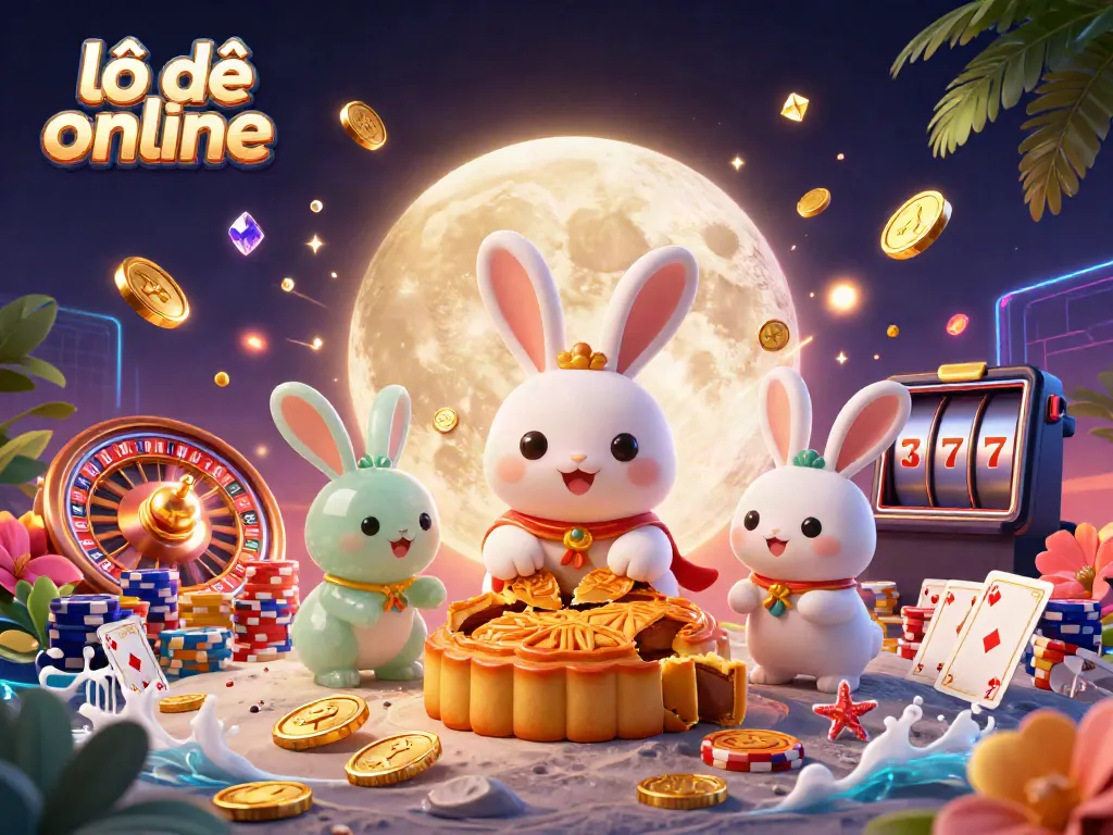 Experience lô đề online excitement with a vibrant 3D illustration featuring a moon rabbit and casino elements.