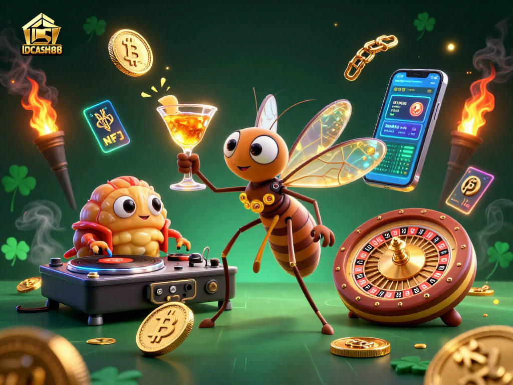 Experience the thrill of IDCASH88 with a vibrant casino scene featuring animated characters and crypto elements.