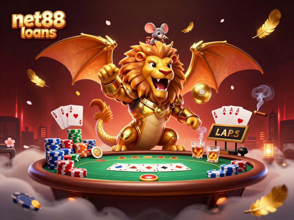 Engage with net88 loans at a vibrant poker scene featuring a chimera and mouse jockey.