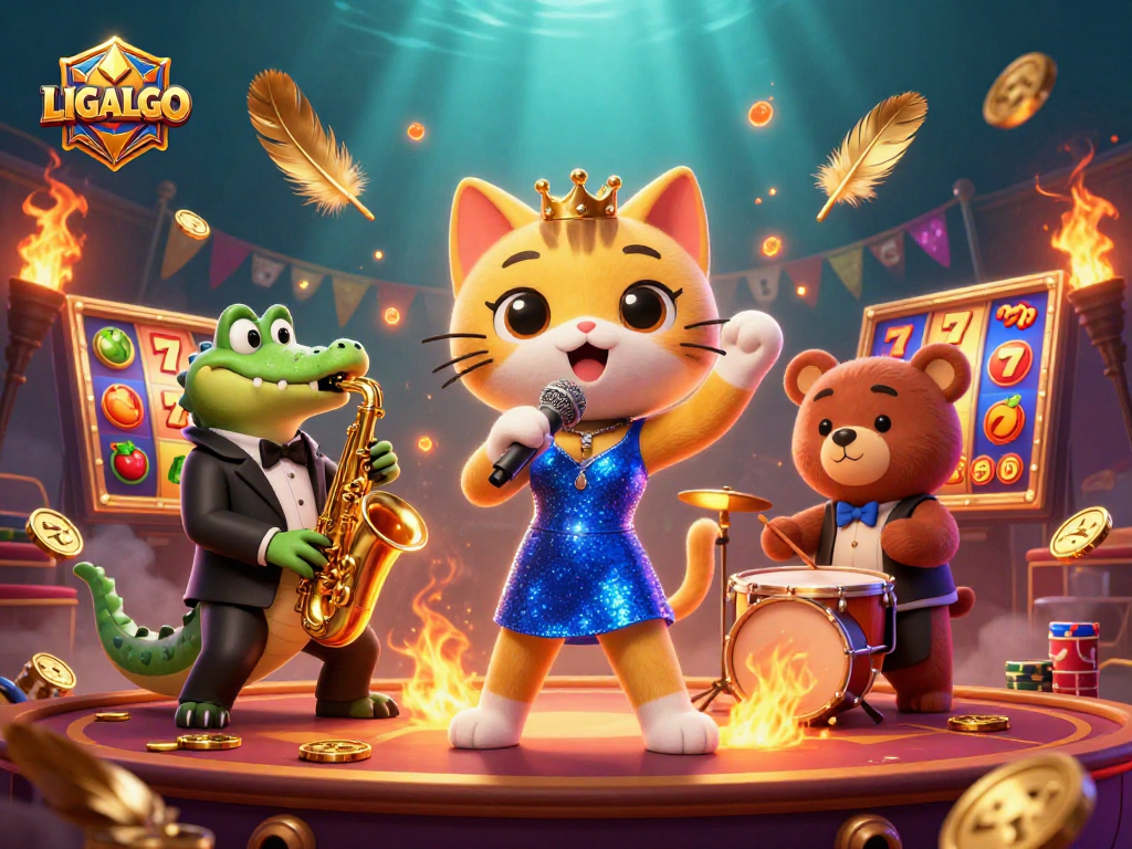 LIGALGO invites players to enjoy an exciting slot experience with vibrant characters amidst swirling gold particles.