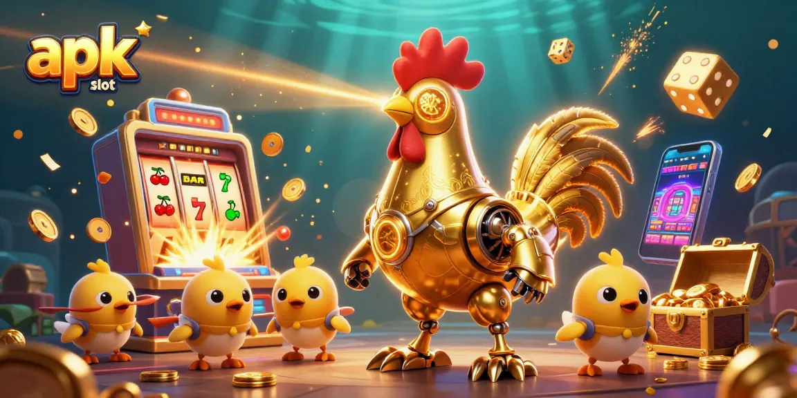 Menangkan jackpot di apk slot dengan robot ayam emas dan simbol mesin slot berkilauan.