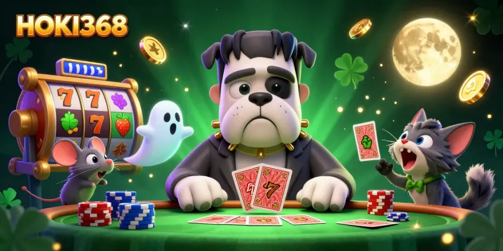 Experience the thrill of HOKI368 with a 3D cartoon scene of a bulldog dealer, vibrant slot reels, and mystical elements.