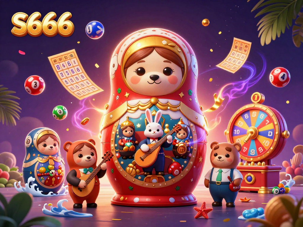 S666 encompasses a vibrant casino scene with lively characters and exciting gaming elements, showcasing thrilling lottery excitement.